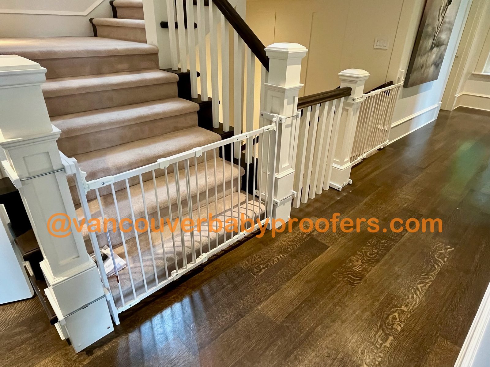 Wood banisters, no-hole clamps installation by Vancouver Baby Proofers