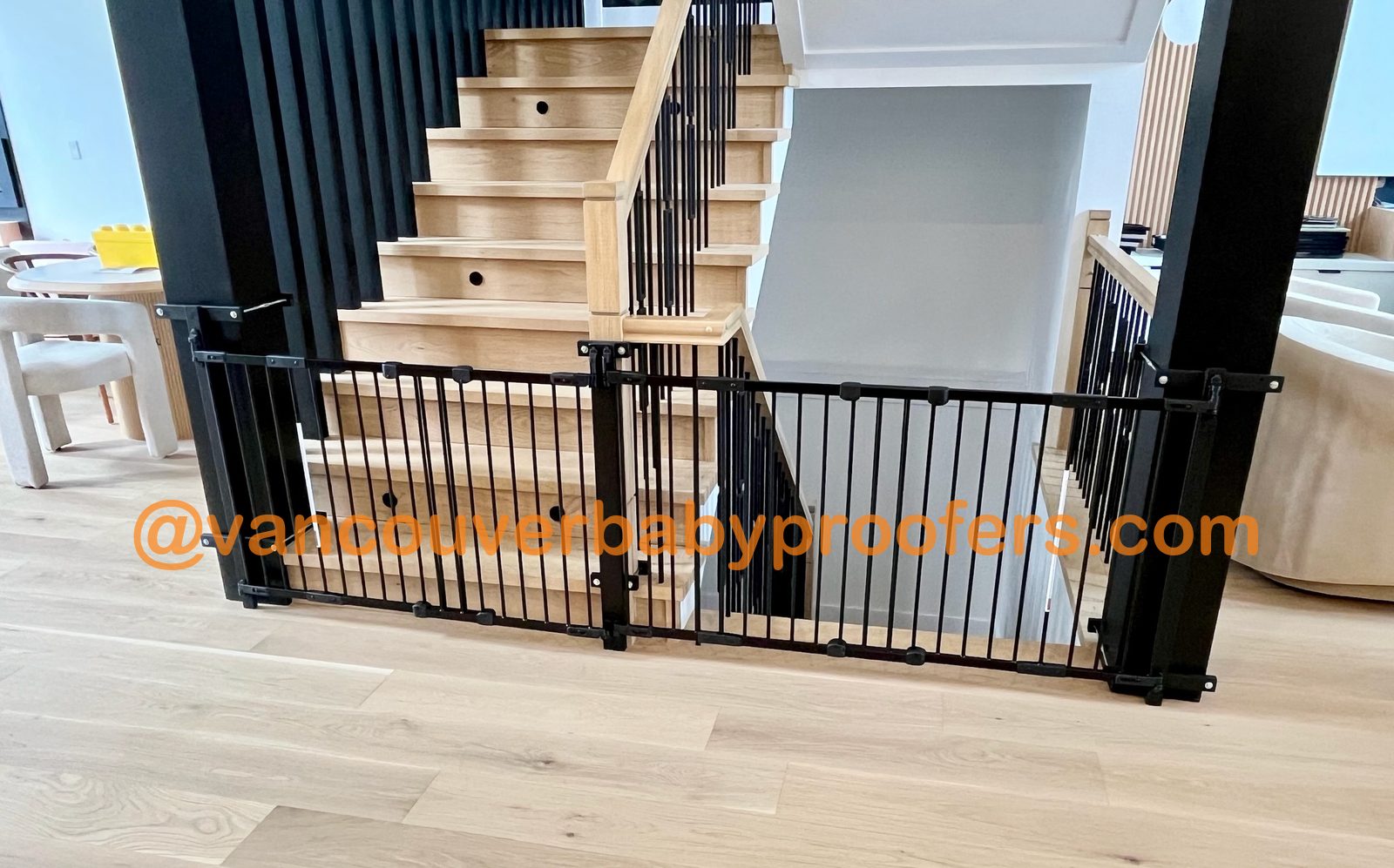 Wood banisters, no-hole clamps installation by Vancouver Baby Proofers