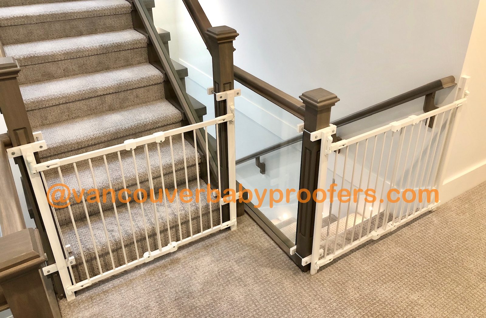 Wood banisters, no-hole clamps installation by Vancouver Baby Proofers