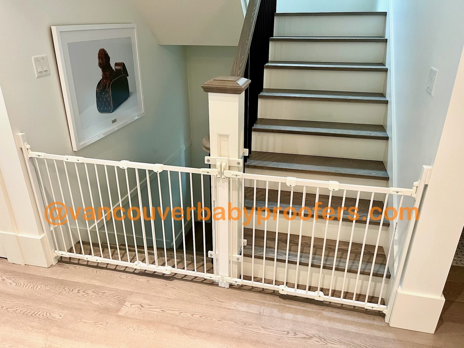 Wood banisters, no-hole clamps installation by Vancouver Baby Proofers