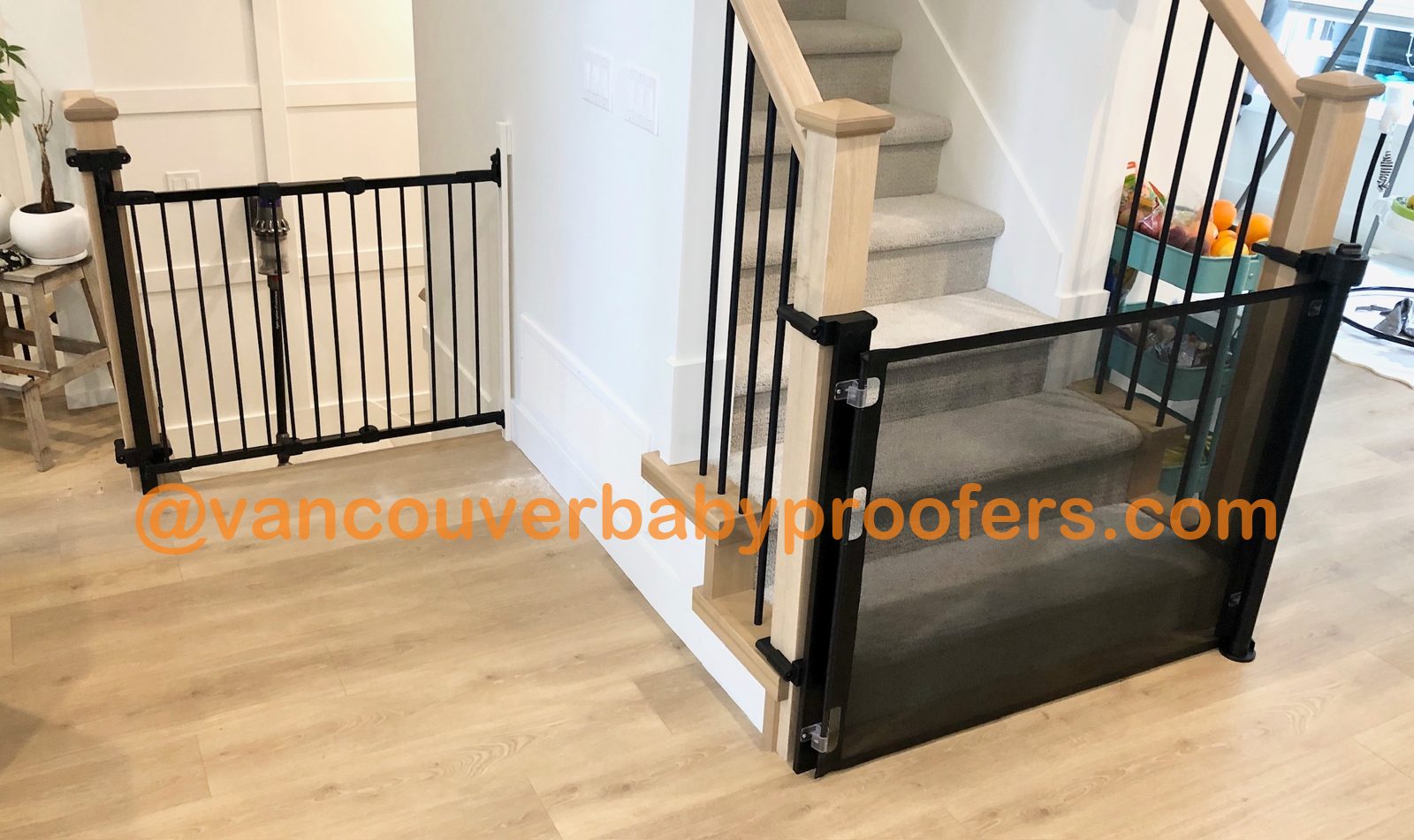 Wood banisters, no-hole clamps installation by Vancouver Baby Proofers